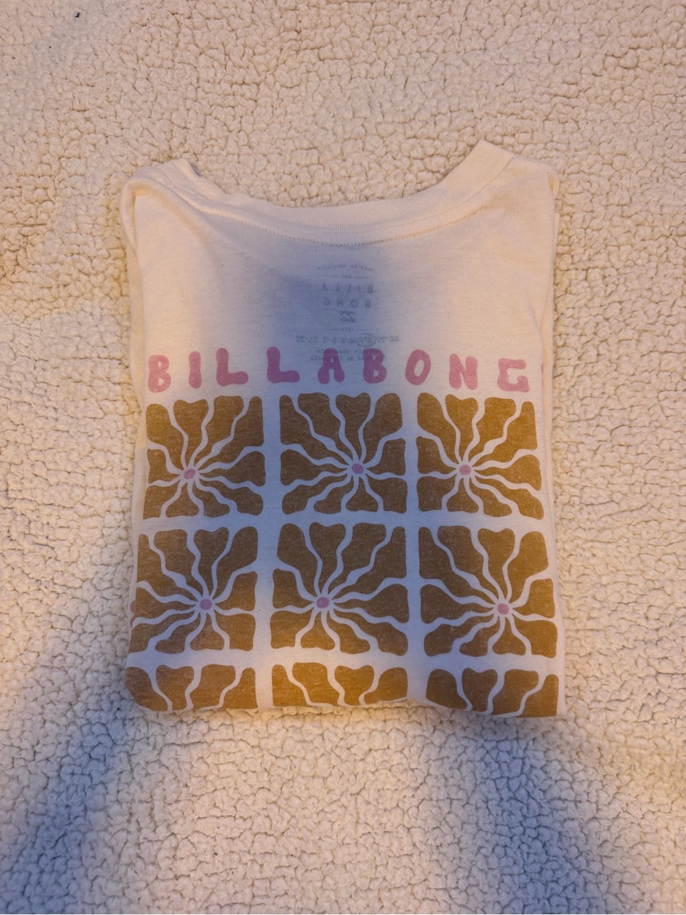 Billabong Cream Tee with Pink Logo and Gold Floral Grid